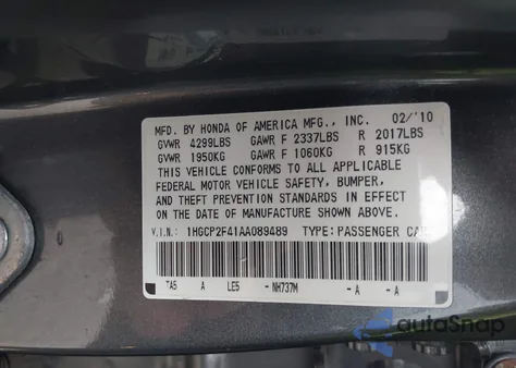 2010 Honda Accord 2.4 Lx-P from USA, damaged, VIN 1HGCP2F41AA089489